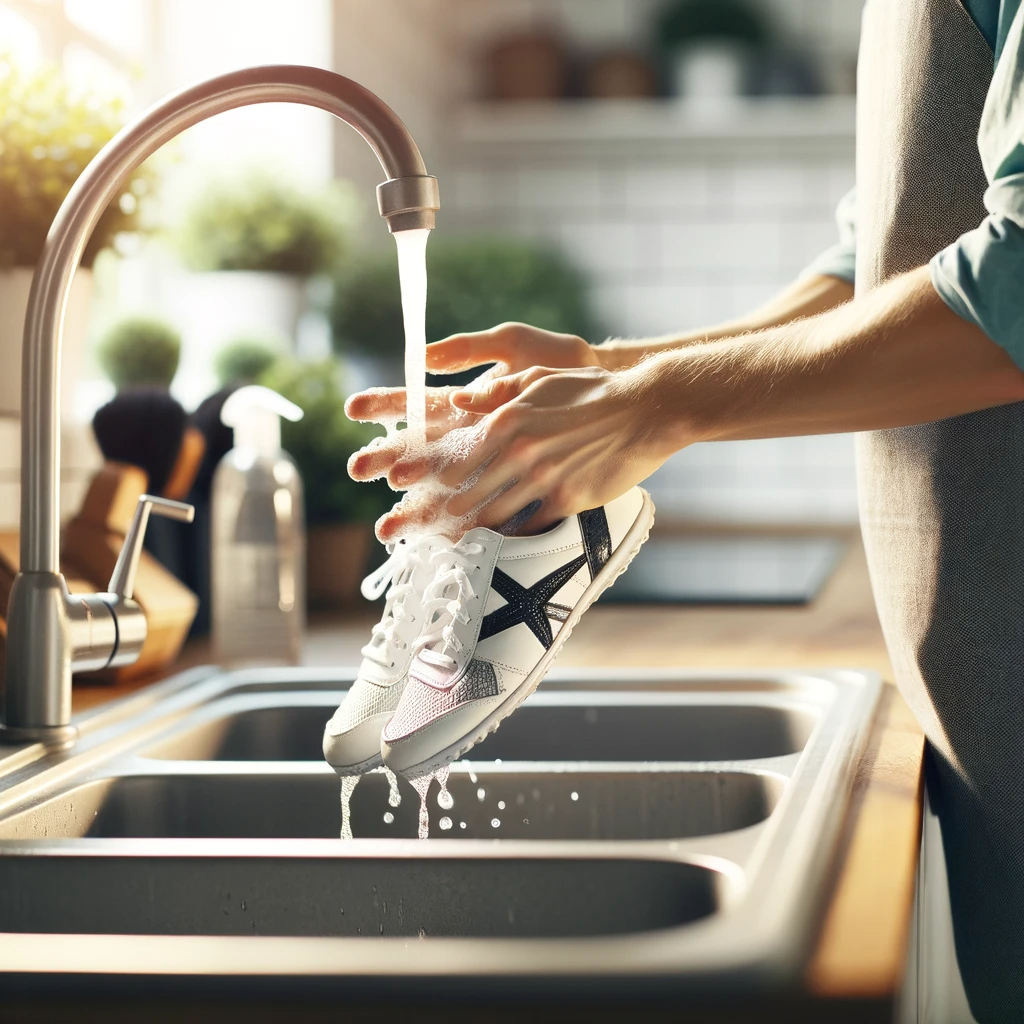 Man in process of showing how to clean cheer shoes in the sink